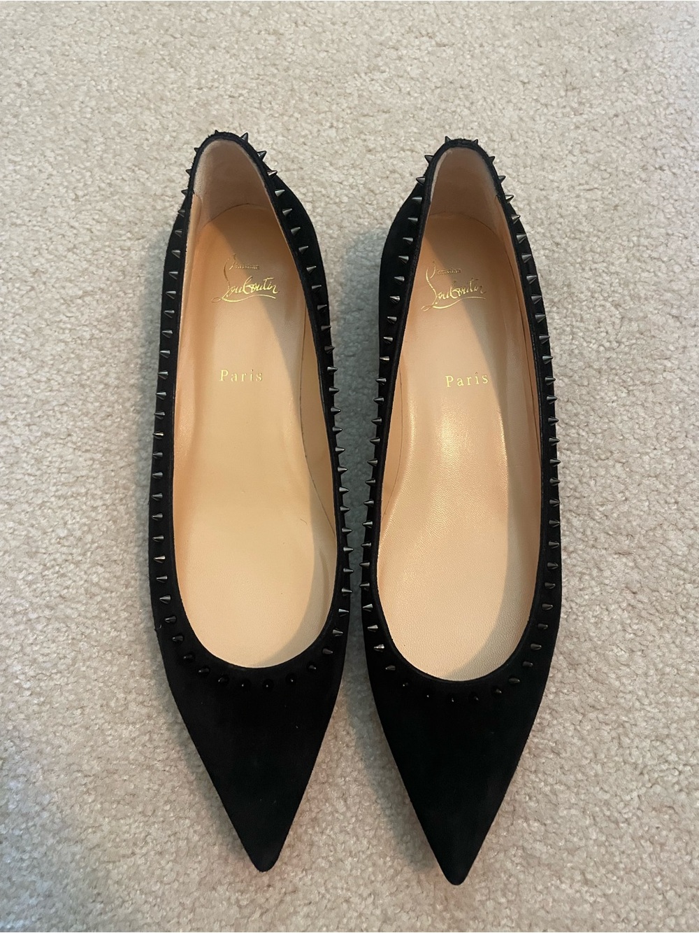 Christian Louboutin Black Suede Pointed Stud-Trim Flats